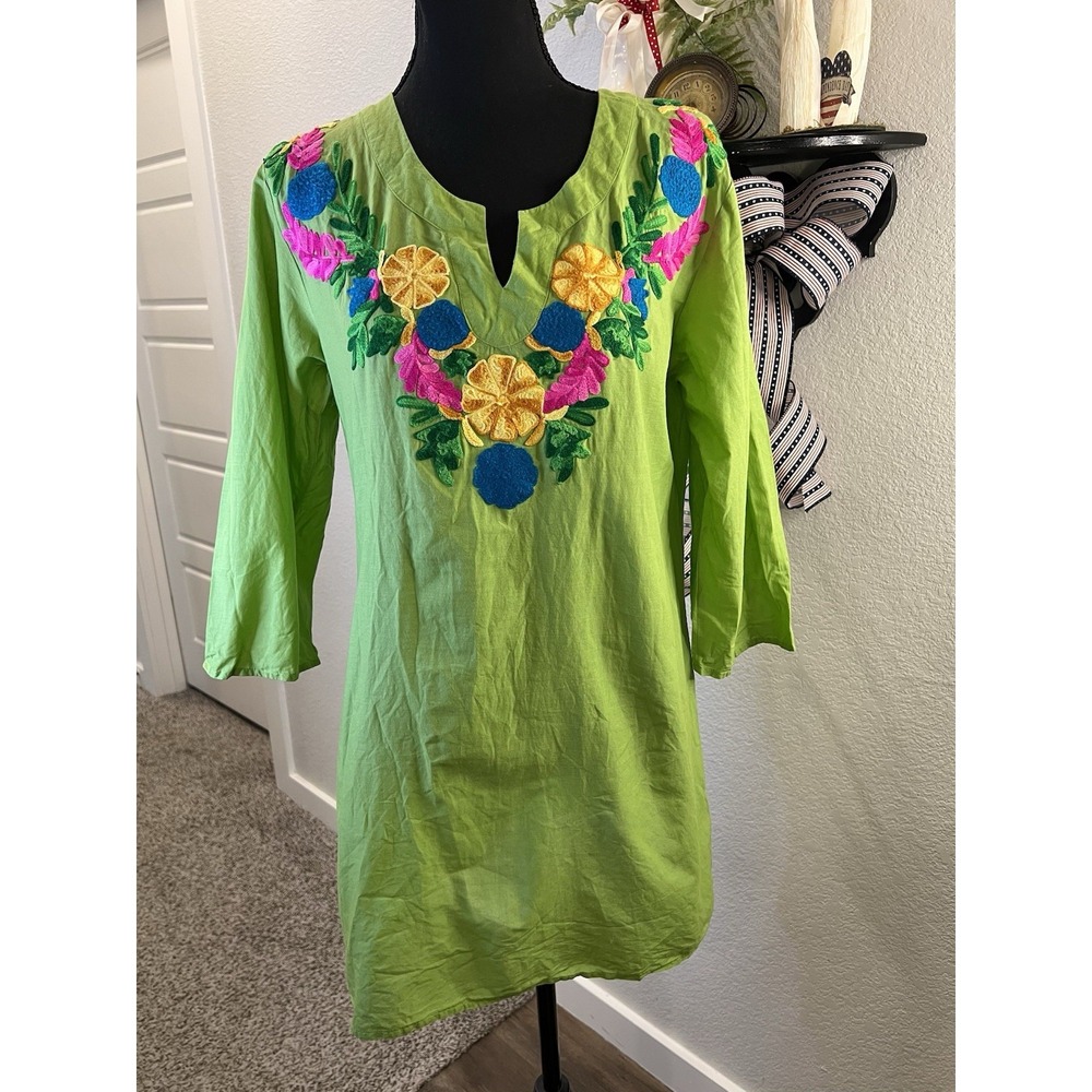 South Main Green Cotton Floral Embroidery Western Tunic Blouse / Mini Dress S